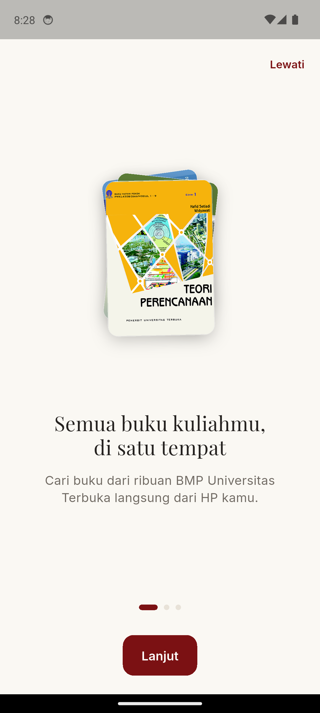 Tampilan onboarding RBV Bookly dengan sampul buku